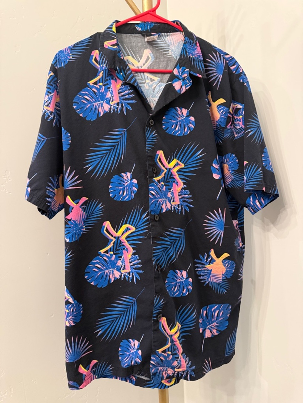 Dutch Bros Hawaiian Shirt Mens Large Black Neon Windmill Logo Tropical Button Up